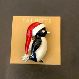 Talbots Christmas pin brooch, penguin red black white
